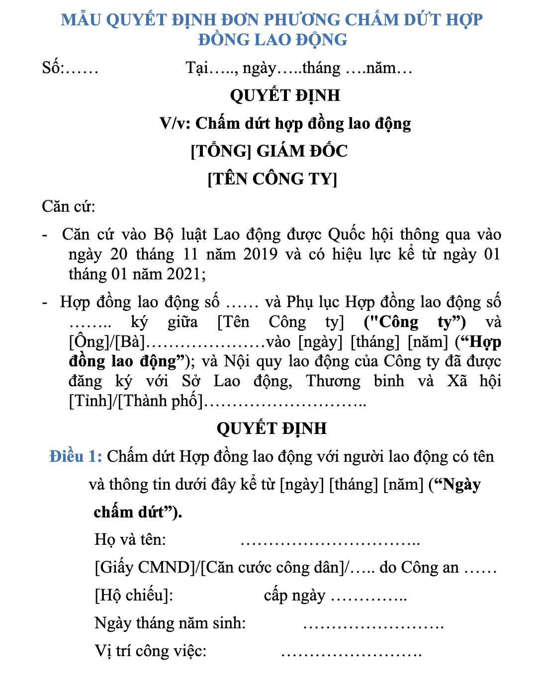 Hợp đồng lao động là gì? Mẫu mới nhất và lưu ý quan trọng 2026 5 Mẫu quyết định chấm dứt hợp đồng lao động đúng luật